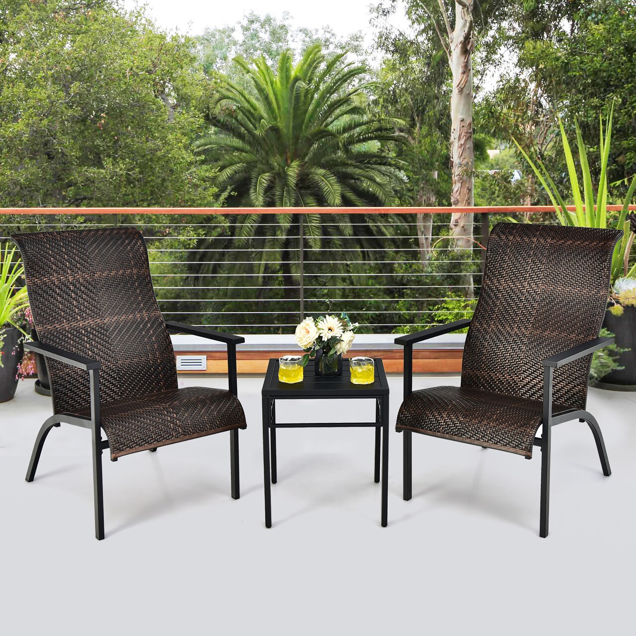 Costway 3 PCS Patio Rattan Bistro Set High Backrest Armrest SideTable Mix Gray\Mix Brown